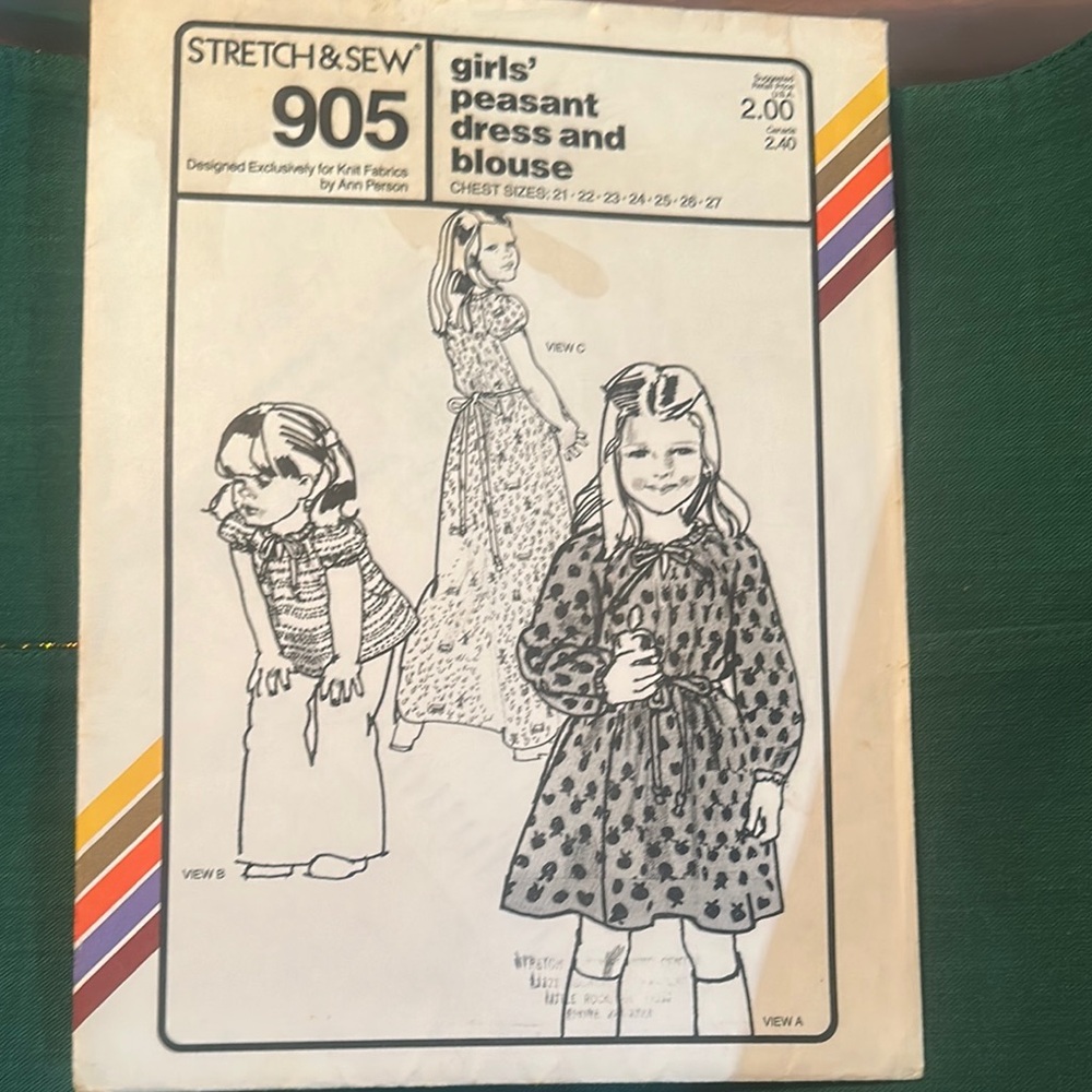 Girls' Peasant Dress and Blouse Pattern Stretch & Sew 905, factory folded